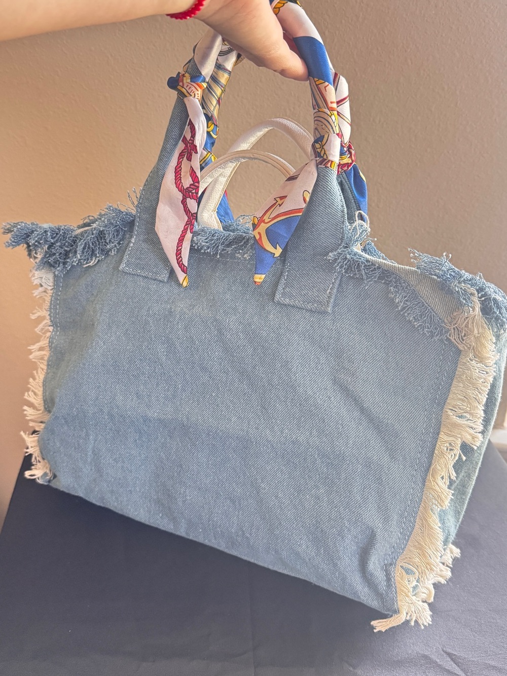 Denim Fringe Tote Bag with Scarf-Wrapped Handles
